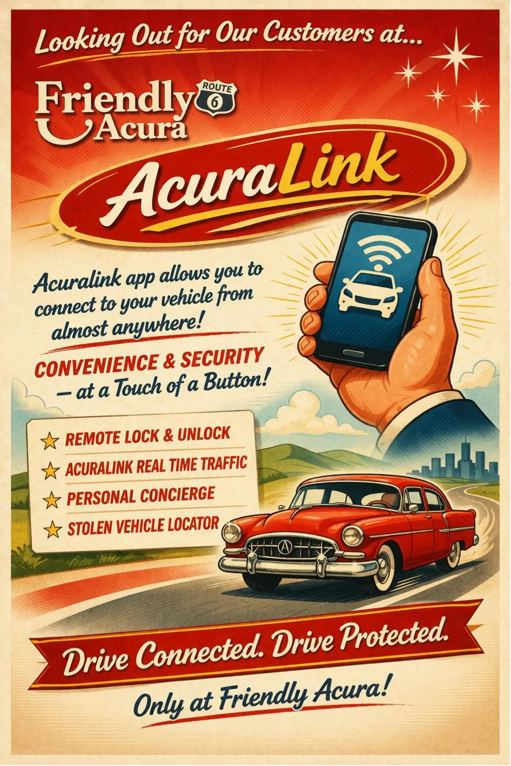 Retro Friendly Acura AcuraLink advertisement in the 1950s illustrated style: red-to-cream arc layout, Route 6 badge, ribbon banner reading Drive Connected, Drive Protected, and a hand-painted red sedan.