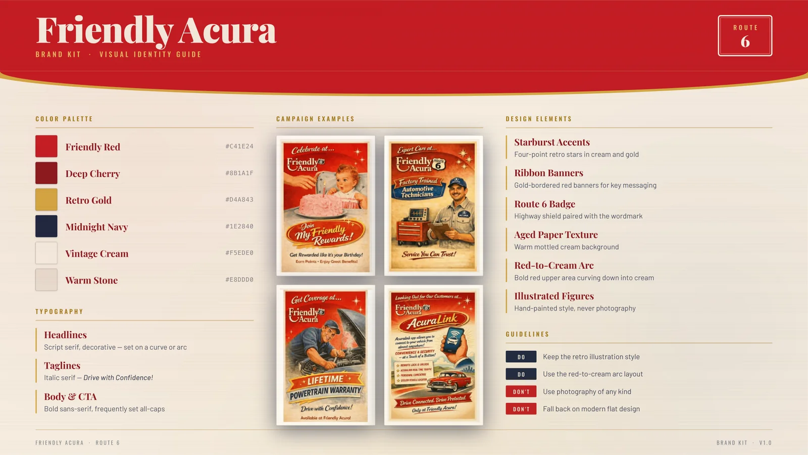 Updated Friendly Acura brand kit: red header with curved red-to-gold arc, color palette of Friendly Red, Deep Cherry, Retro Gold, Midnight Navy, Vintage Cream, and Warm Stone, typography rules for script-serif headlines and bold sans-serif calls to action, four framed campaign examples, and design elements with do and do-not guidelines.