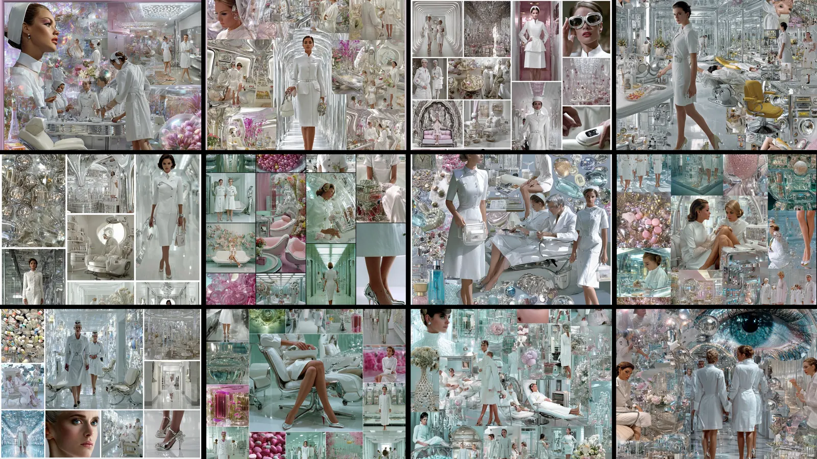 Curated visual-exploration collage combining chrome clinical interiors, mod fashion, white uniforms, capsules, beauty references, reflective materials, and experimental campaign environments.