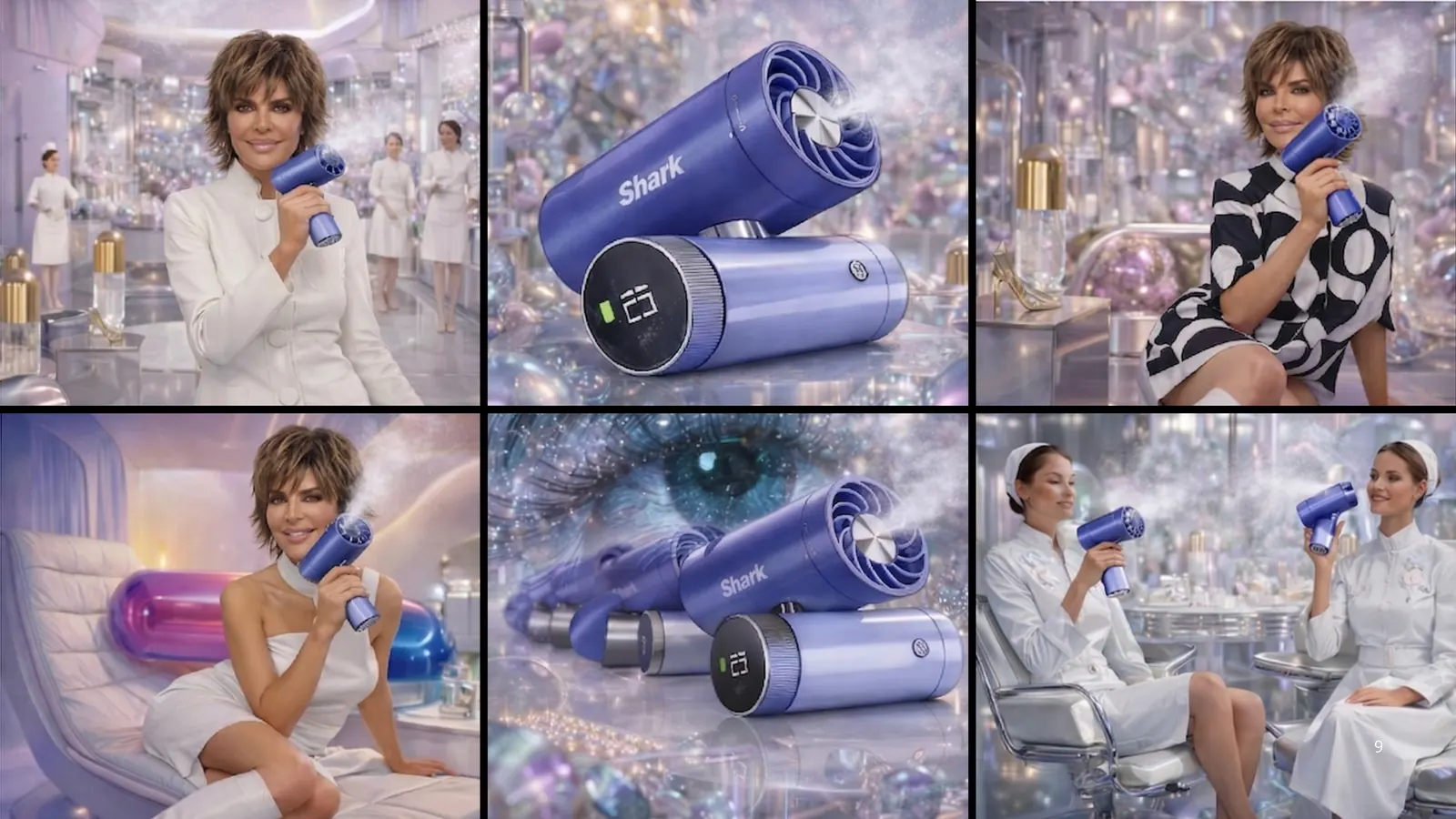 Six-image speculative campaign grid combining the proposed spokesperson, Shark handheld fan, product imagery, supporting cast, and mod-inspired wellness-clinic environment.