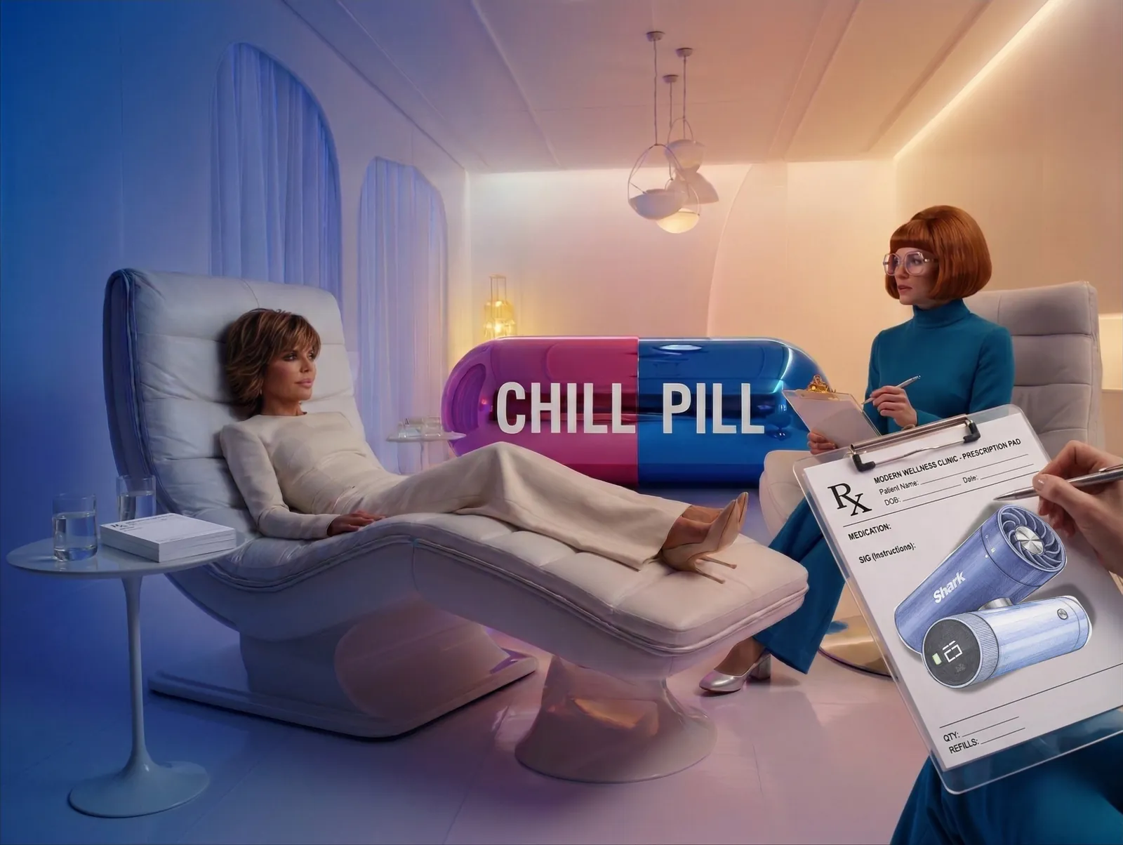 Speculative wellness-campaign scene featuring a reclining proposed spokesperson, a counselor, an oversized Chill Pill capsule, and a prescription clipboard displaying the Shark handheld fan.