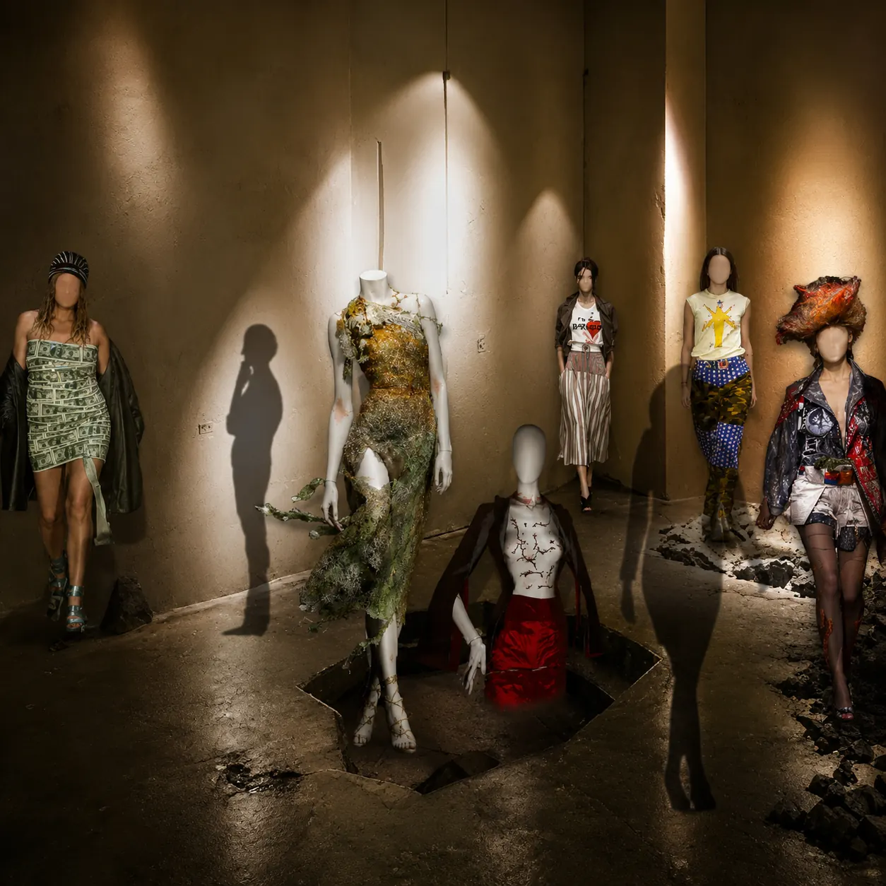 Exhibition room staging instinctive rejection: garments emerging from disturbed earth, raw clay walls, and unsettling fashion pieces under focused light.