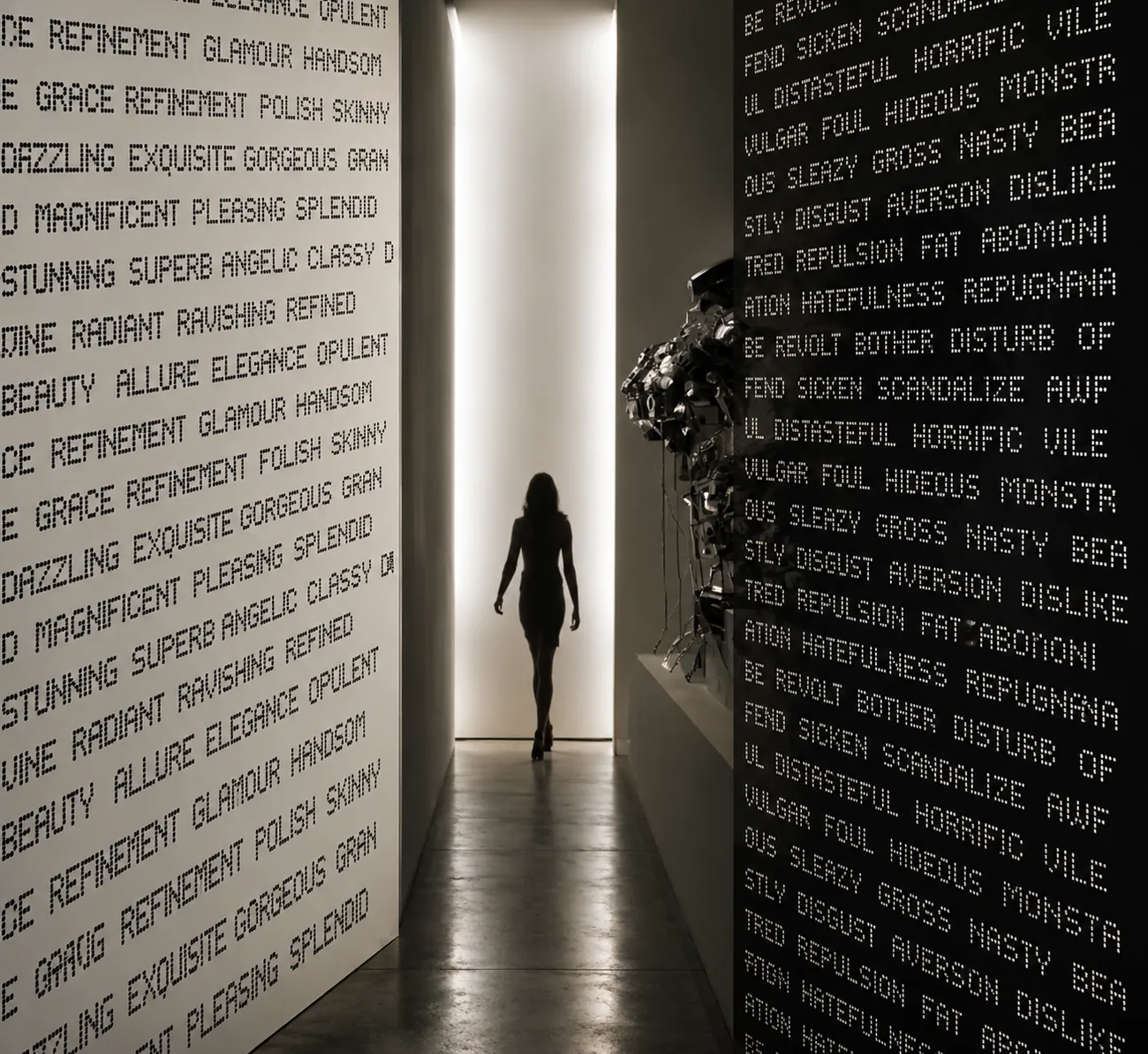 Middle exhibition room confronting visitors with discomfort, judgment, praise, rejection, and conflicting ideas of beauty.