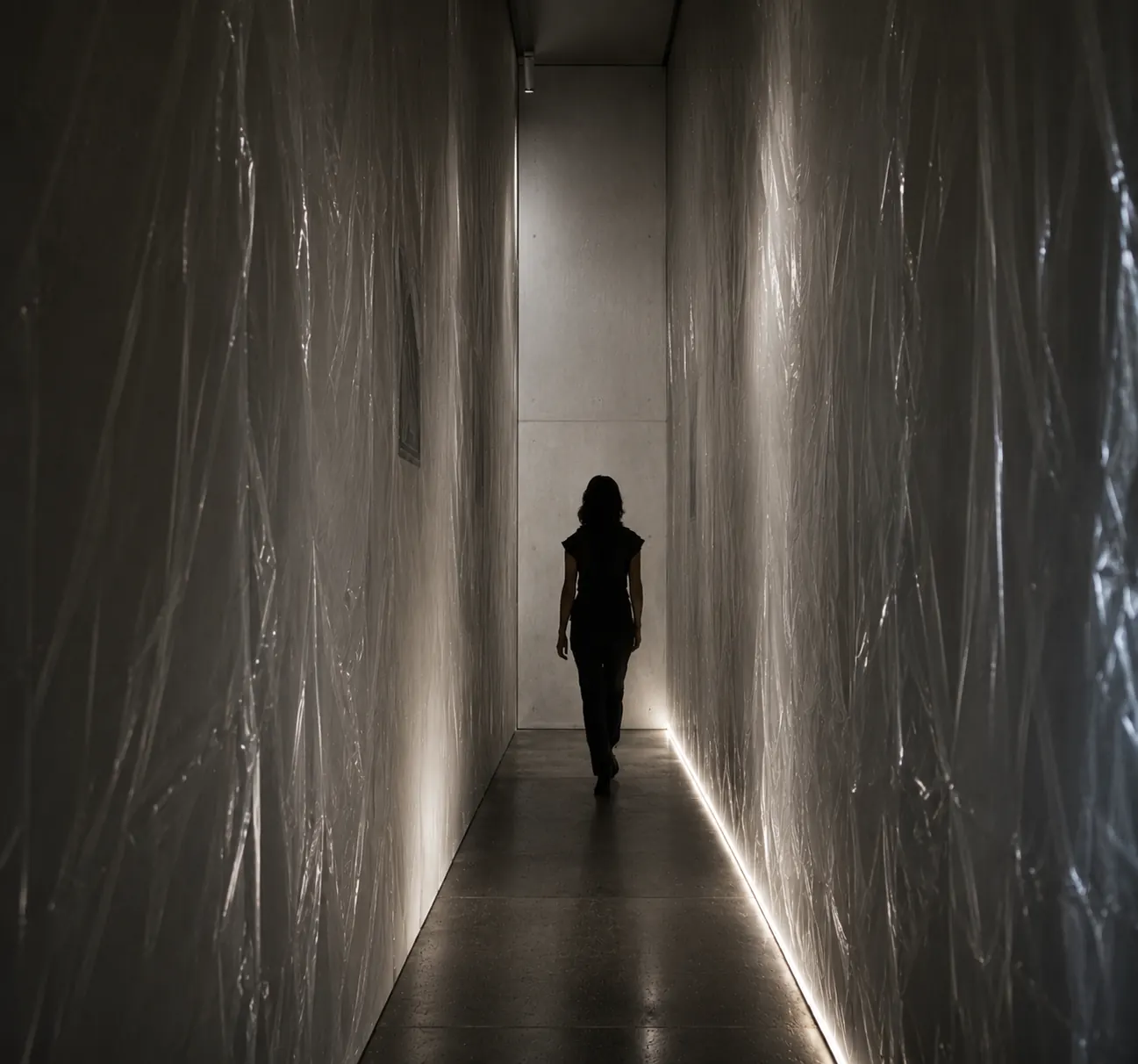 Narrow exhibition passage lined with translucent draped sheeting, lit at the floor, with a single visitor walking toward a concrete wall.