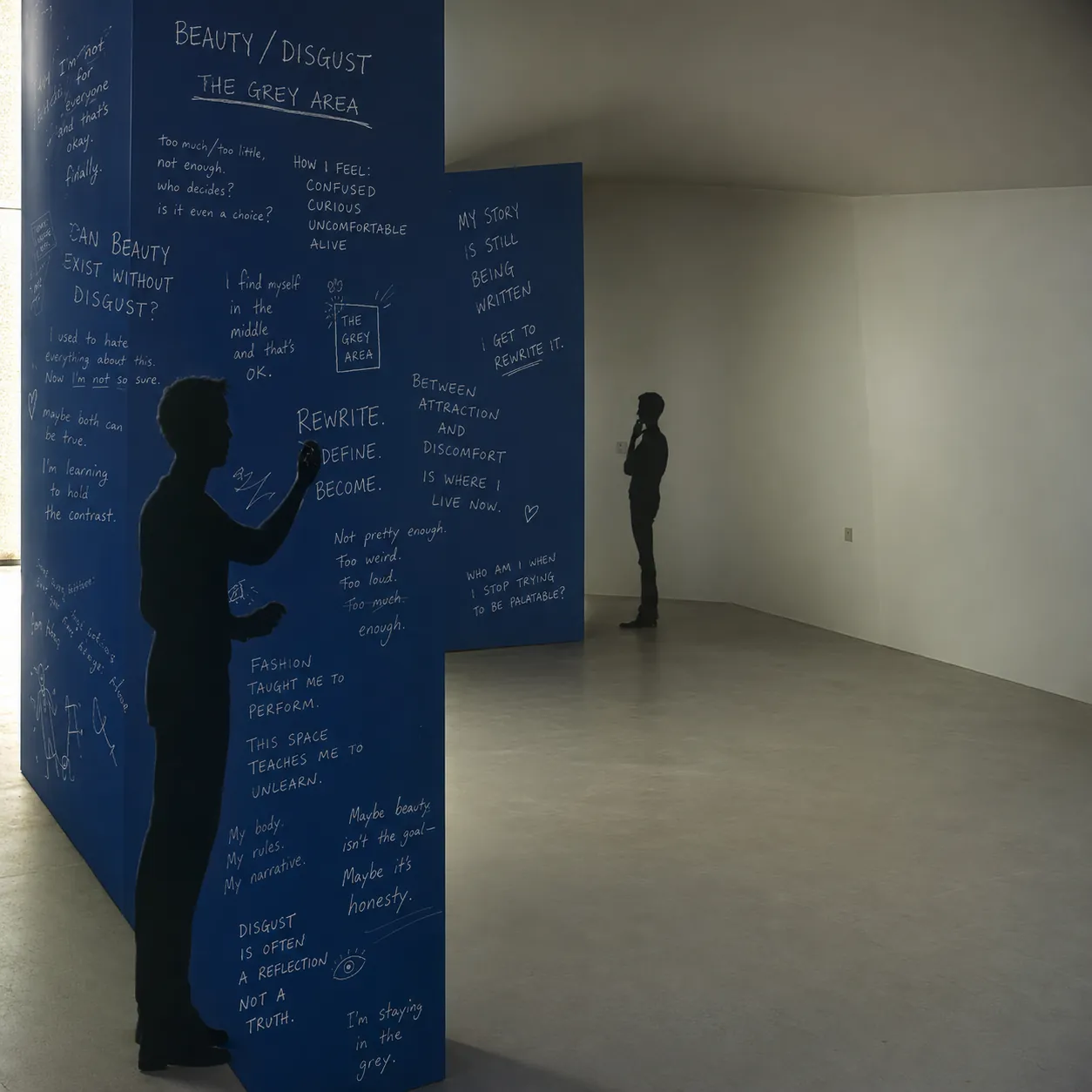 Final reflective exhibition room guiding visitors toward uncertainty, self-recognition, complexity, and acceptance.