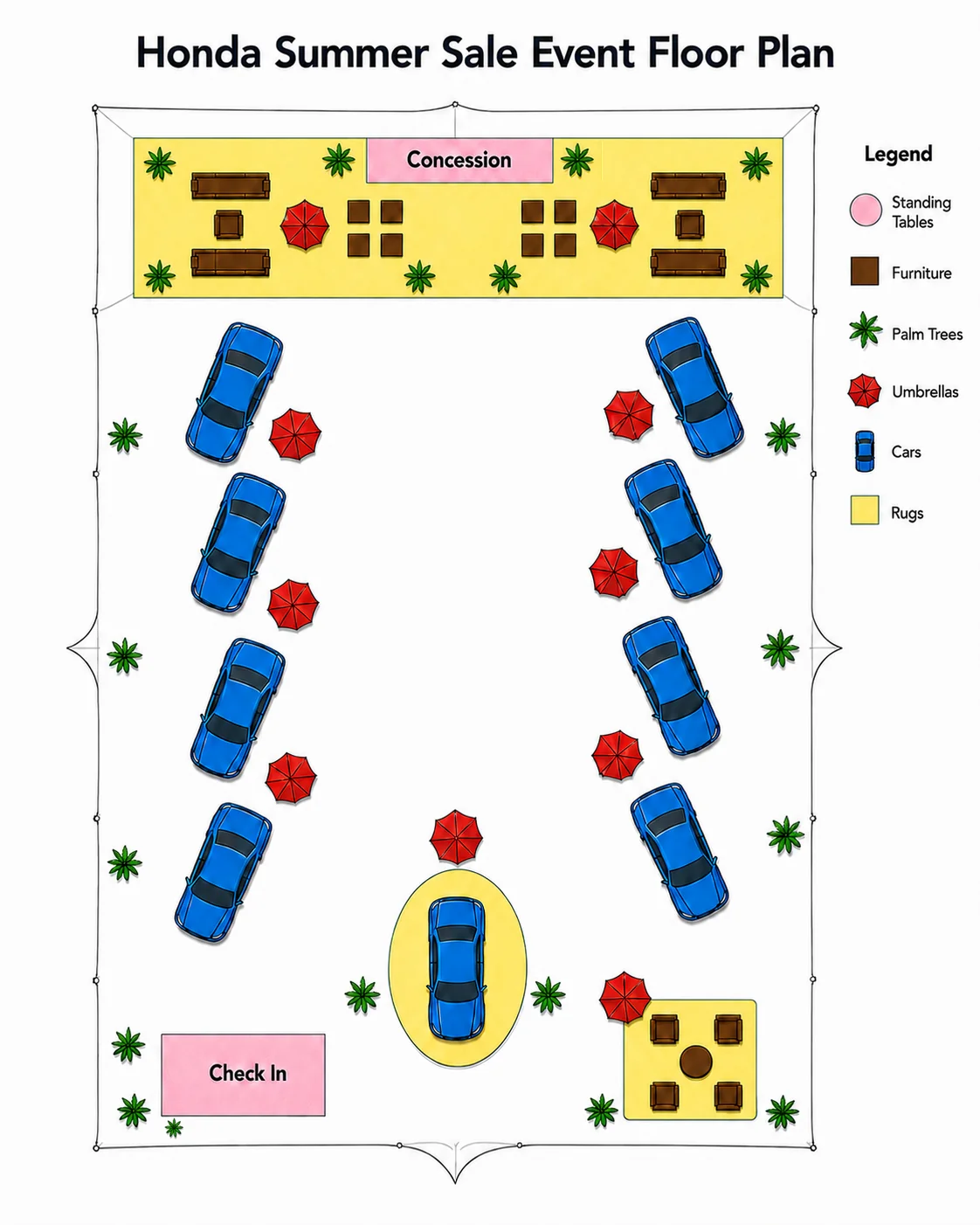 Honda summer sale event floor plan: check-in at the entry, a featured vehicle on a central rug, two angled rows of vehicles with umbrellas, palm trees, lounge furniture, standing tables, and a concession area along the back.
