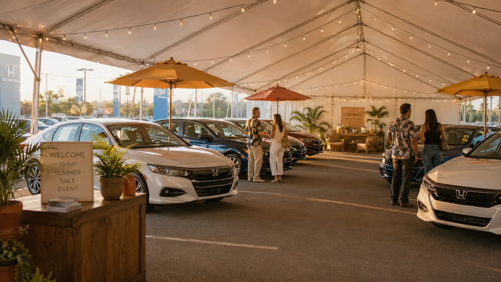 Main event render of the Friendly Honda summer tent sale: warm string lighting, market umbrellas, welcome table with signage, refreshment station, and vehicles arranged with clear walkways.