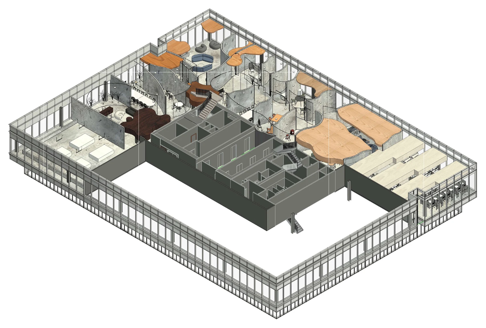 Axonometric workplace overview showing curved partitions, private rooms, collaborative zones, open workstations, furniture, materials, and building structure.