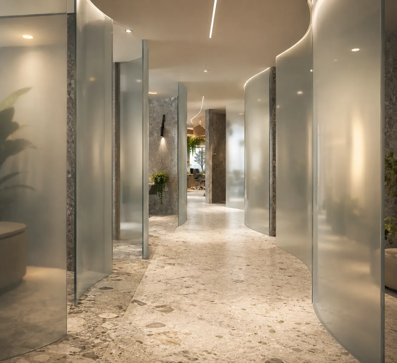 Curved workplace corridor formed by translucent partitions, terrazzo flooring, stone surfaces, integrated lighting, and planted views.