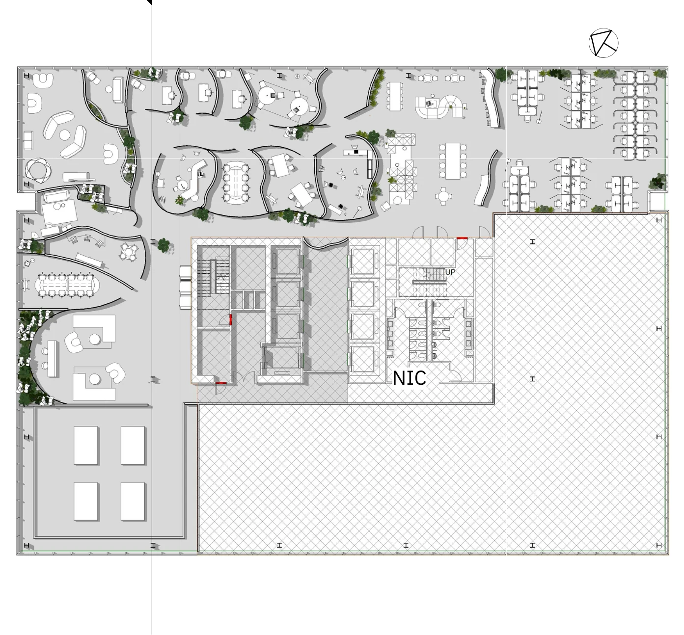 Developed workplace floor plan showing offices, studios, collaboration areas, workstations, circulation, planting, shared amenities, and public and private zones.