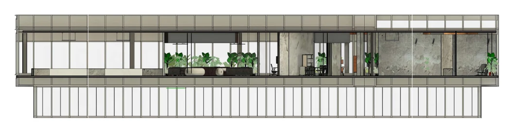 Long building section showing exterior glazing, planted areas, enclosed rooms, open workplace zones, material transitions, and daylight.