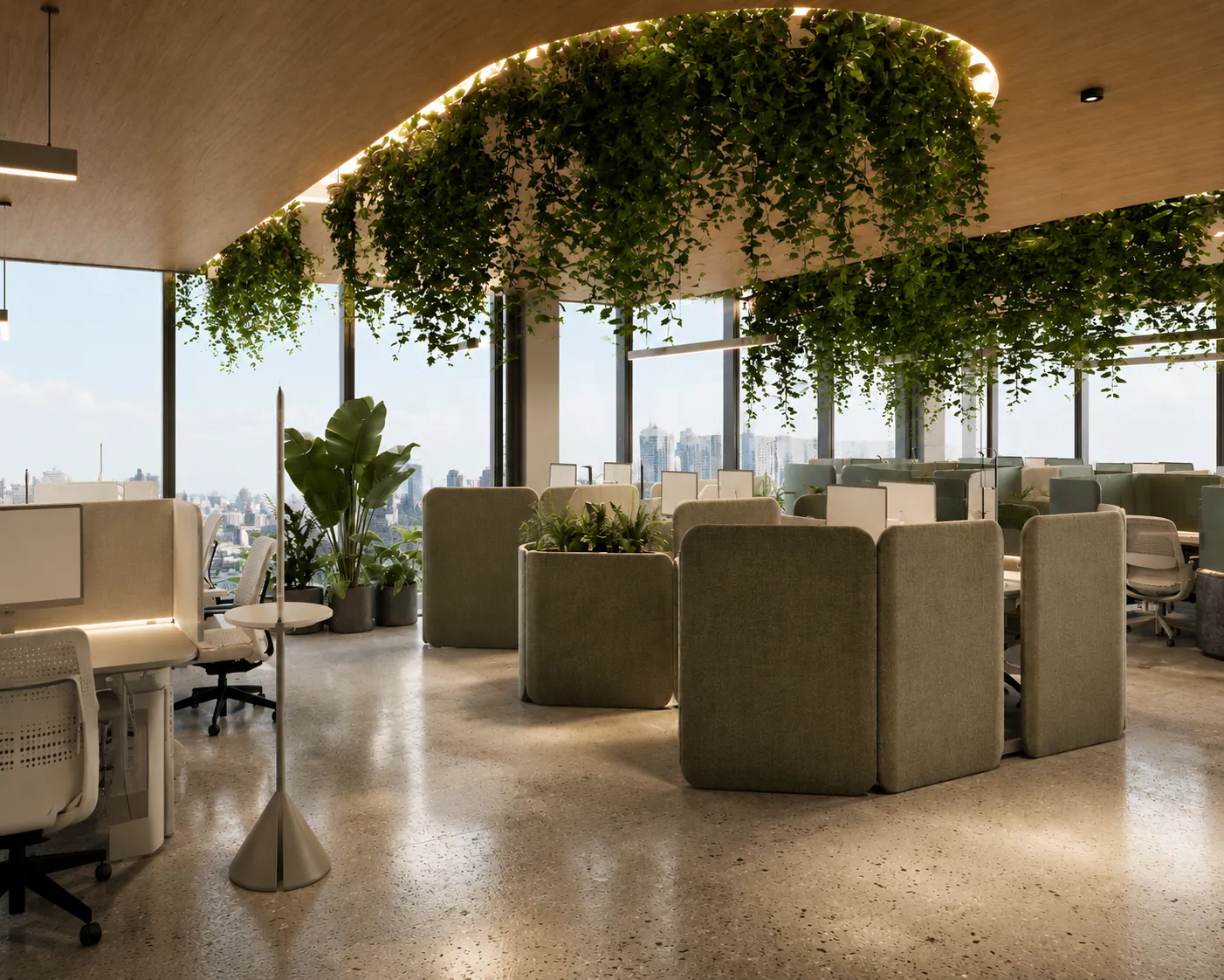 Corporate workplace with integrated ceiling planting, warm wood, daylight, collaborative workstations, privacy screens, and technological infrastructure.