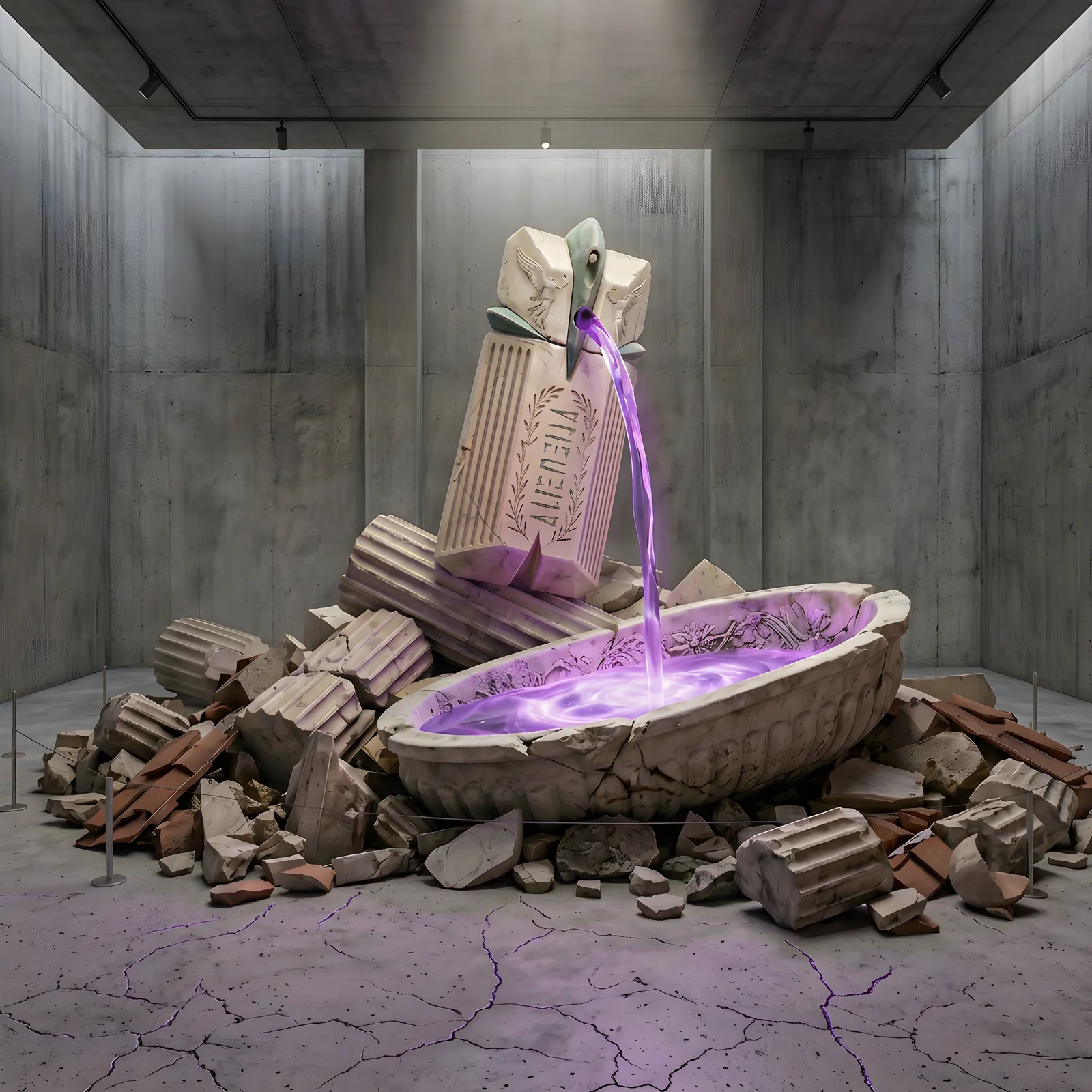 The Source activation installed in a raw concrete gallery: a monumental carved-stone Alien bottle tipped over a rubble field, pouring luminous violet parfum into a cracked marble basin.