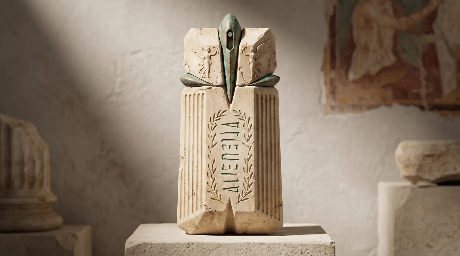 Object study of the relic bottle: the Mugler Alien silhouette recast as carved travertine with winged figures in relief, fluted sides, an engraved name within a laurel wreath, and an oxidized bronze cap, photographed on a stone plinth against a fresco fragment.