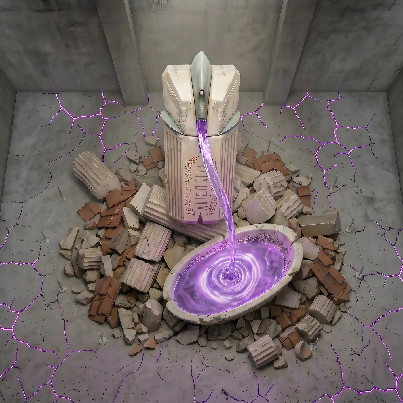 Overhead view of the activation: the relic bottle and basin at center, encircled by a rubble field of broken columns and terracotta fragments, perimeter pins, and violet-lit cracks radiating through the concrete floor.